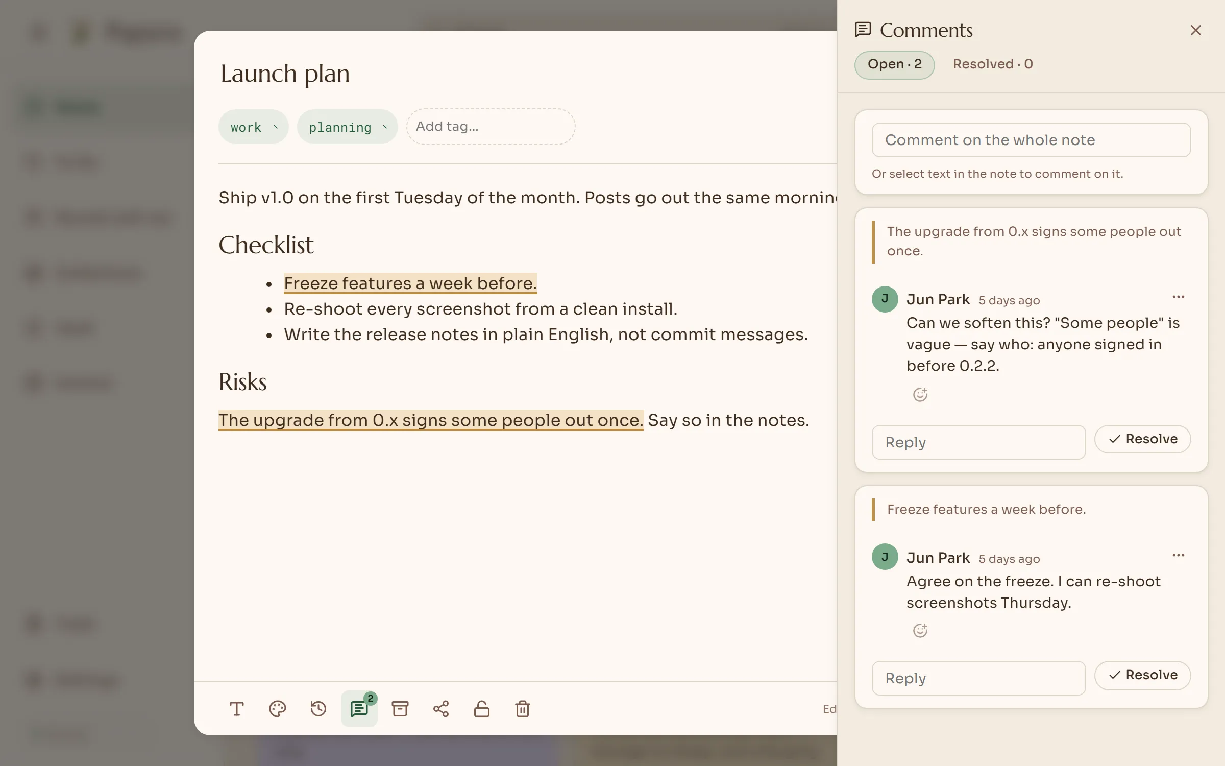 Comments threaded beside highlighted sentences in a note