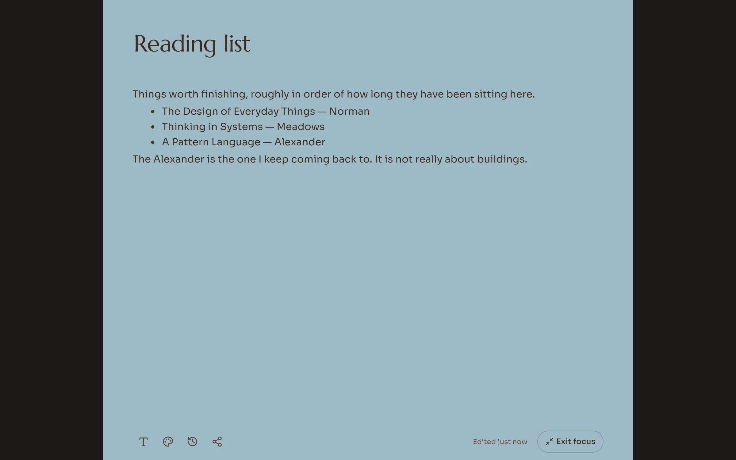 A note open in focus mode, with nothing on screen but the writing