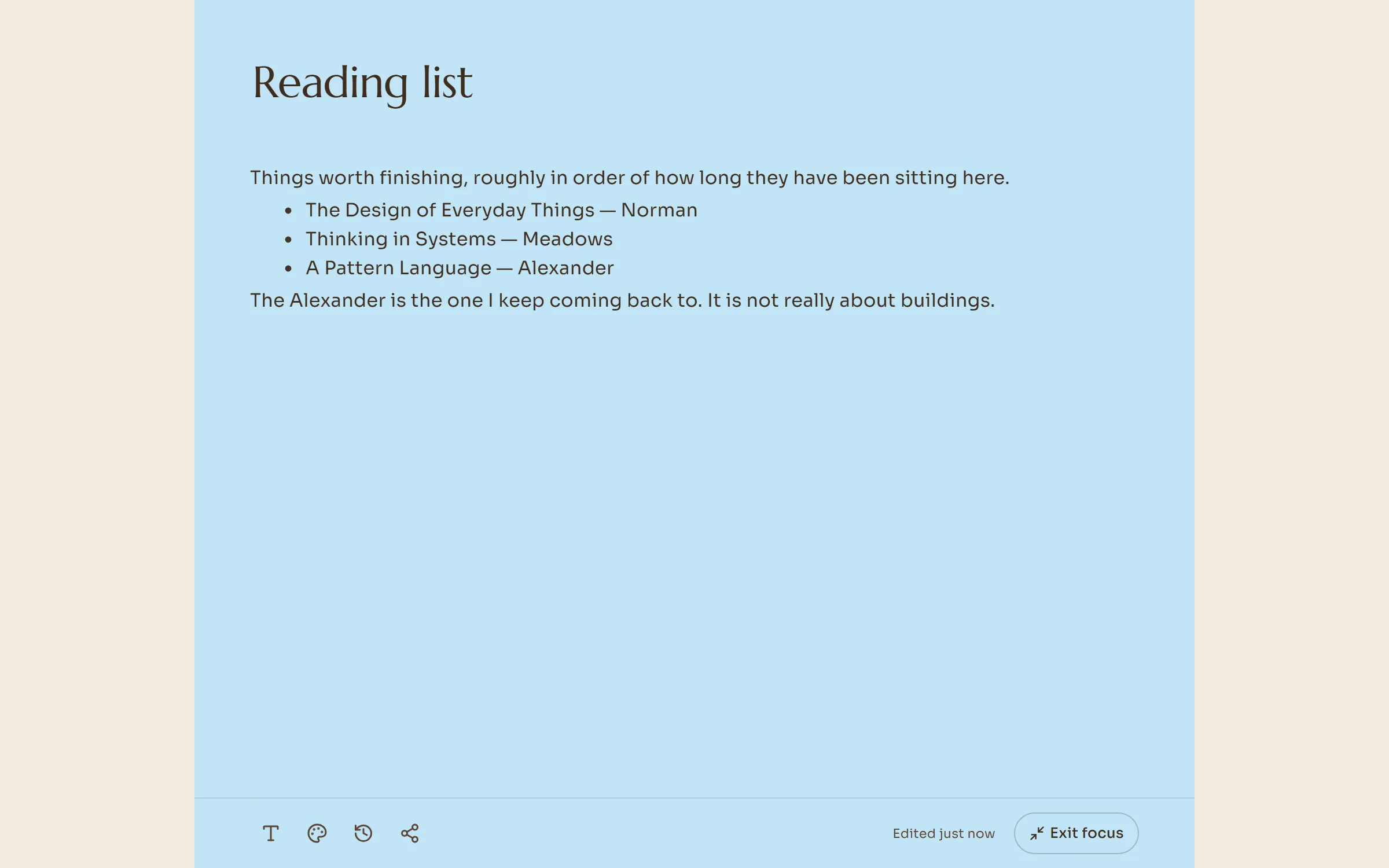 A note open in focus mode, with nothing on screen but the writing